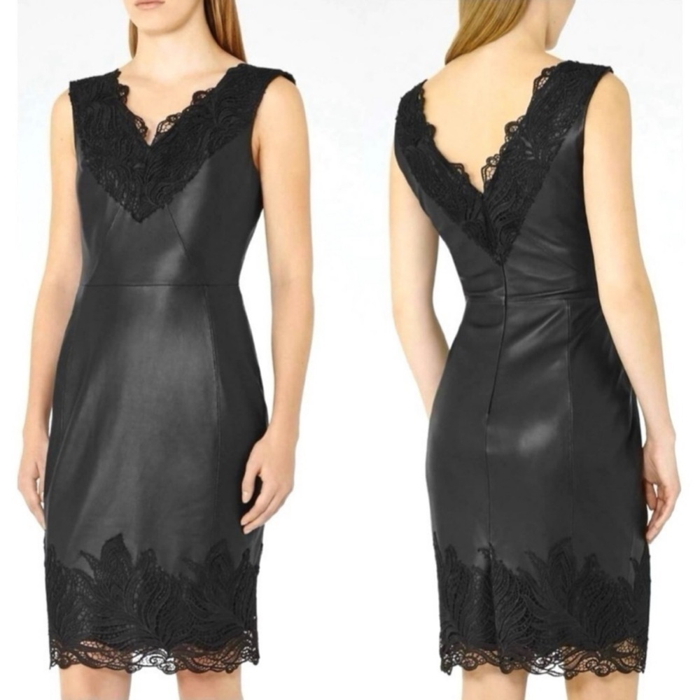 Reiss Etty Black Leather And Lace Mini Sleeveless Cocktail Party Dress Size 6